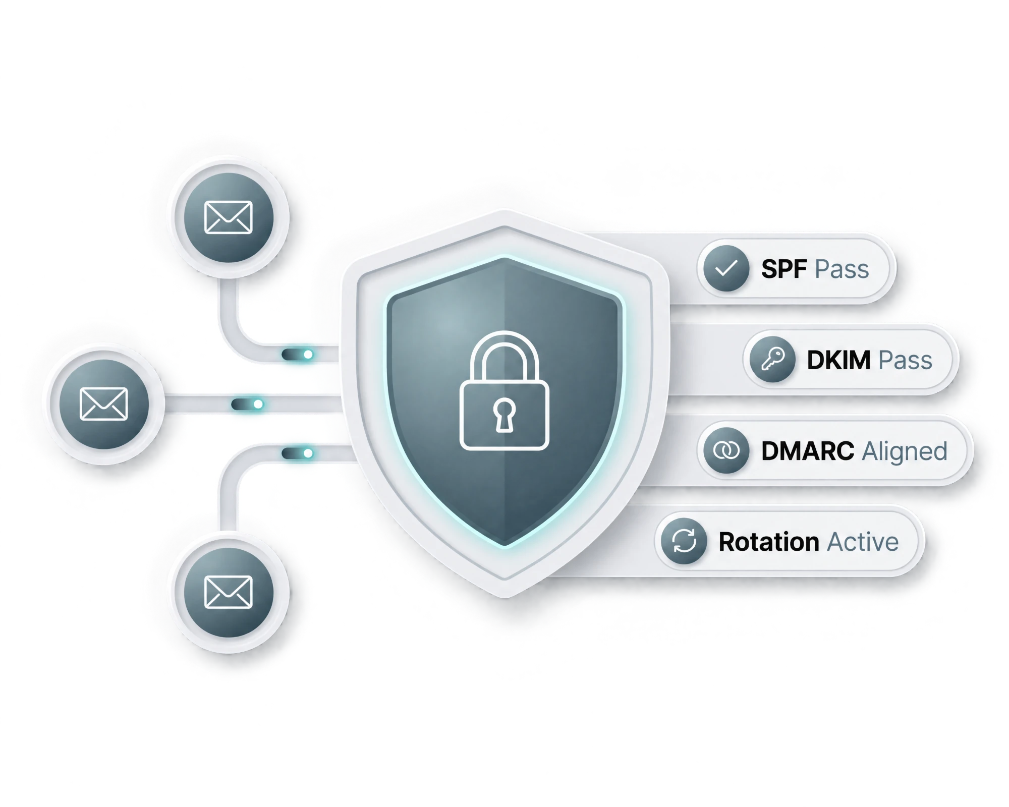 Domini dedicati con autenticazione SPF, DKIM e DMARC e rotazione attiva